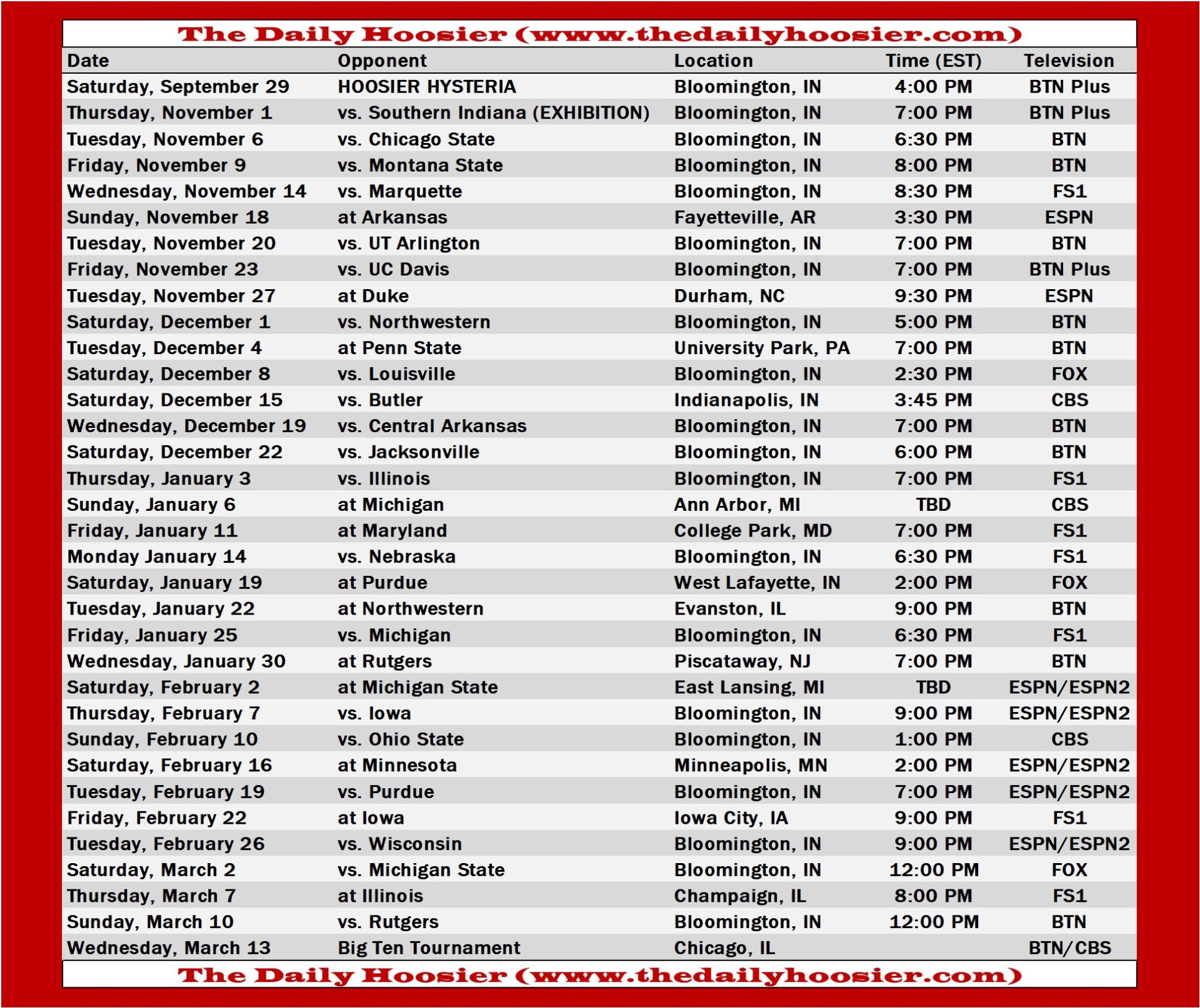 Indiana Basketball 201819 Schedule TV, TipTimes and Printable