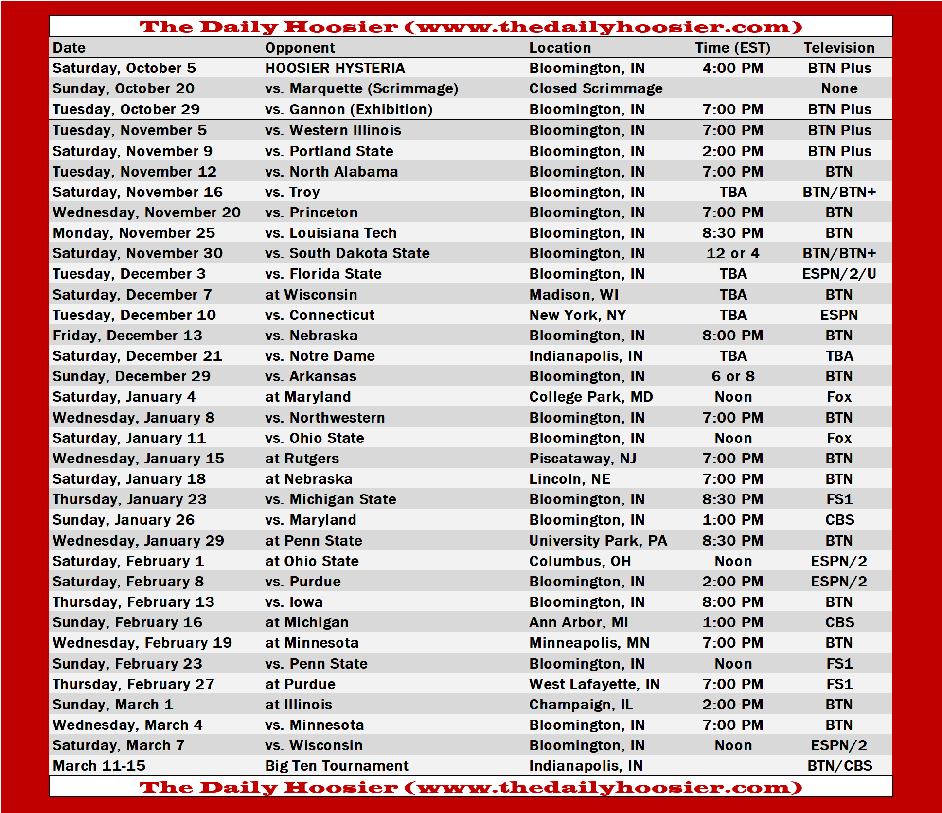 Indiana Basketball 2019-20 Schedule: TV, Tip-Times and Printable